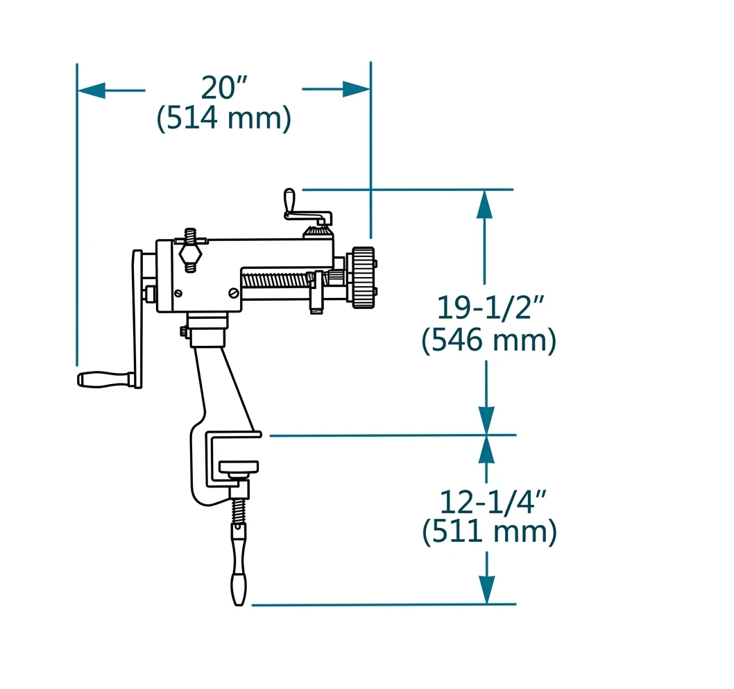 Plano de dimensiones de la bordonadora manual RM-08: 20 pulgadas de ancho, 19-1/2 pulgadas de alto
